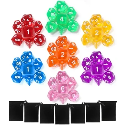 Abbildung von TIDEVAN Polyedrische Würfel,49 Stück Würfel Set RPG Tischspiele mit 7 Schwarze Kordelzugbeutel für DND MPG MTG Dungeons D20 D12 D10 D8 D6 D4(Transparent)