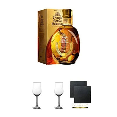 Abbildung von Dimple Golden Selection Blended Scotch Whisky 0,7 Liter + 2 Bugatti Nosing Gläser mit Eichstrich 2cl und 4cl Schiefer Glasuntersetzer eckig ca. 9,5 cm Ø