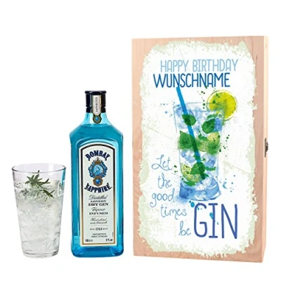 Abbildung von Herz &amp; Heim® Gin Geschenkset Let the good times be mit 1 l Bombay Sapphire und graviertem Glas zum Geburtstag Wunschnamen