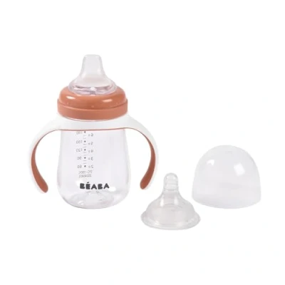 Abbildung von BÉABA, Trinklernbecher 2 in 1 für Kinder Babyflasche Kindertasse mit Strohhalm 100% dicht Leicht zu öffnen Abnehmbare Griffe Tritan und Silikon 210 ml Terracotta