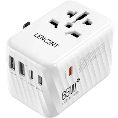 Abbildung von LENCENT Internationaler Reiseadapter, 65W GaN3 Universeller Adapter mit 2 USB A+3 Typ C PD, Weltweiter Stromadapter für Handys, Laptops, All in One Reisestecker EU/USA/UK/AU Steckdosen, Weiß