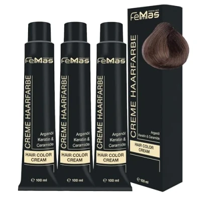 Abbildung von FemMas Haarfarbe 3x Mittelblond Sand 7.7 I Professionelle Creme mit Arganöl, Keratin &amp; Ceramiden Als dauerhafte Haarfärbung oder Tönung für strahlende, haltbare Farbergebnisse 100 ml