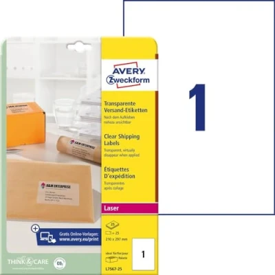Abbildung von AVERY Zweckform L7567 25 Versandetiketten/ Versandaufkleber (25 Etiketten, 210 x 297mm auf A4, bedruckbar, selbstklebend, für Pakete, Päckchen und Versandrollen) Blatt, transparent