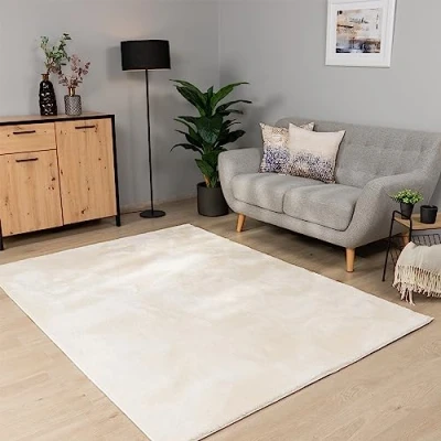 Abbildung von Paco Home Teppich Wohnzimmer Schlafzimmer Kurzflor Waschbar Einfarbiges Muster Flauschig Weich rutschfest Moderne Deko, Grösse:140x200 cm, Farbe:Creme