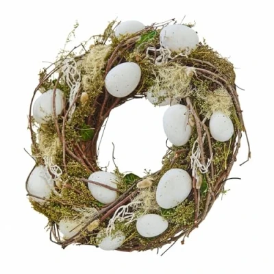 Abbildung von Loberon Eierkranz Lune, mit Naturmaterialien gefertigt, getupfte Kunsteier, besonders langlebig, Ostern, Osterkranz, Osterdekoration, Birkenzweige, Moos, Hartschwingel, grün/weiß