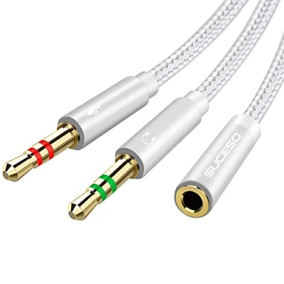 Abbildung von SUCESO Audio Splitter Y Adapter 3.5mm Buchse auf Doppel Klinkenstecker Headset Mikrofon Kabel kompatibel mit Kopfhörer, PC, PS4, Gaming Headset, Desktop usw 1M(Silber)