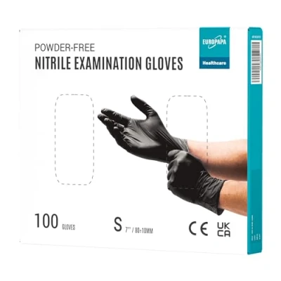 Abbildung von EUROPAPA 100x Nitrilhandschuhe Box Einweghandschuhe, Einmalhandschuhe, Untersuchungshandschuhe, Nitril Handschuhe, puderfrei, ohne Latex, unsteril, latexfrei, disposible gloves (S, Schwarz)