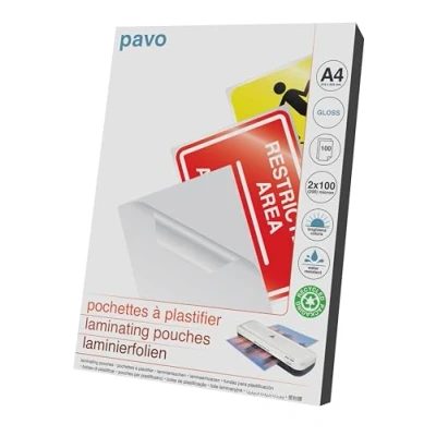 Abbildung von Pavo Premium Laminierfolien DIN A4, 2 x 100 micron, Glanzed, 8005376 er Pack