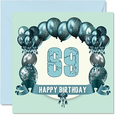 Abbildung von Lustige Geburtstagskarte zum 69. Geburtstag für Männer Geburtstagsballons Happy Birthday Karte Vater, Tante, Onkel, Nanny, Cousin, Großvater, Großmutter, Oma, 145 mm x Grußkarten,
