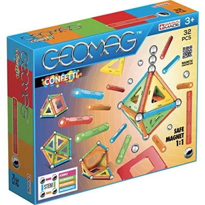 Abbildung von GEOMAG CLASSIC CONFETTI 32 Teile Magnetische Baustein für Kinder ab 3 Jahren Hergestellt in der Schweiz Magnetisches Konstruktionsspielzeug mit 12 Stäben, 9 Kugeln, 11 Fliesen STEM