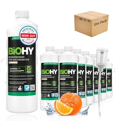 Abbildung von BiOHY Bodenreiniger für alle Wischroboter mit Orangenduft (12 x 1 Liter) + Dosierer Schaumarm &amp; Streifenfrei Reinigungsmittel Konzentrat Böden