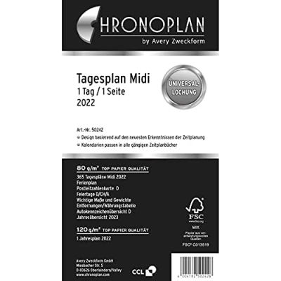 Abbildung von Chronoplan 50242 Kalendereinlage 2022, Tagesplan im Midi Format (96x172mm), Ersatzkalendarium, ideal für detaillierte Tagesplanung, Multilochung (1 Tag auf 1 Seite), weiß