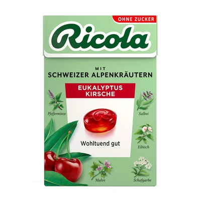 Abbildung von Ricola Eukalyptus Kirsche, 50g Böxli original Schweizer Kräuter Bonbons mit 13 Alpenkräutern &amp; fruchtig frischer zuckerfrei, 1 x 50g, vegan