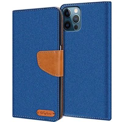 Abbildung von Verco kompatibel mit Apple iPhone 12 Pro Max Hülle, Schutzhülle für Tasche Denim Textil Book Case Flip (6,7 Zoll) Klapphülle, Blau
