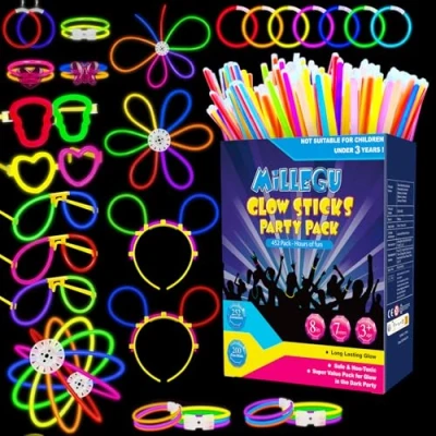 Abbildung von Millegu Knicklichter Party Set,200 Stück Leuchtstäbe 252 Verbinder,Neon Ketten und Leuchtbrillen für Kinder, Deko Festival Hochzeiten Weihnacht Silvester 2025