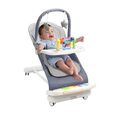 Abbildung von Babywippe mit Abnehmbarer Spielbogen, Baby Bouncer Klavierspielzeuge, Fütterungstablett, Verdicktem Kissen und Rädern, 4 Stufig Verstellbare Wippe für Neugeborene 0 18 Monate (Blau)