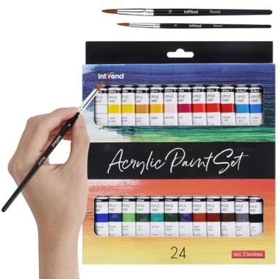 Abbildung von int!rend Bastelfarbe Acrylfarben Set 24 Farben + 2 Pinsel, 24x 12ml Pinsel