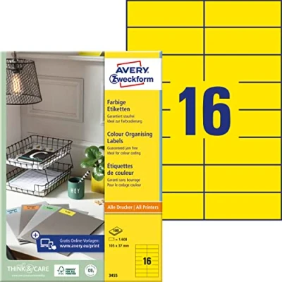 Abbildung von AVERY Zweckform 3455 Gelbe Etiketten (1.600 Aufkleber, 105x37mm auf A4, permanent haftend, selbstklebende Farbetiketten, Papier matt, bedruckbare, farbige Klebeetiketten) 100 Blatt