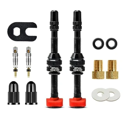 Abbildung von MUQZI Tubeless Ventil 60mm Französisches Presta Ventilschaft mit Value Core Remover Tool und Ventilschaftkappen passend für die meisten schlauchlosen Fahrradfelgen, Schwarz (60 mm)