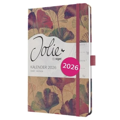Abbildung von SIGEL J6809 Wochenkalender 2026 A5 &quot;Sunlight Ginkgo&quot; Hardcover aus Kraftpapier, Gummiband, Stiftschlaufe, 174 Seiten, vegan, Buchkalender, Terminplaner Kalenderbuch Jolie