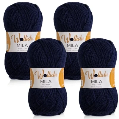 Abbildung von Wollidu Mila Garn zum Häkeln und Stricken 4 x 50g/133m Strickgarn 100% Polyacryl Häkelgarn Marine Blau
