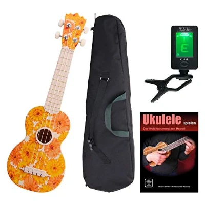 Abbildung von Classic Cantabile BeachBuddy &quot;Beachflower&quot; Sopran Ukulele SET inkl. Tuner und Noten (Uke, Hawaii Gitarre, Kunststoff, 12 Bünde, Outdoor &amp; Strand tauglich, Stimmgerät, Schule)