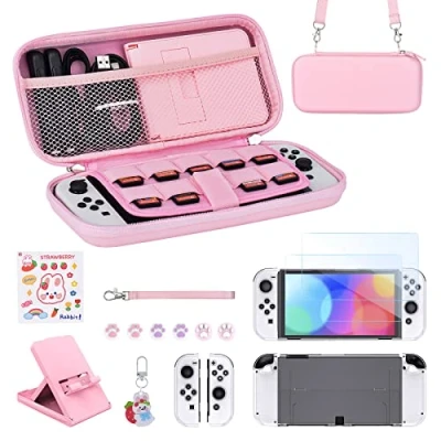 Abbildung von Younik Switch OLED Zubehör Bundle, 17 in 1 Pink Kit für Mädchen enthalten Tragetasche, verstellbarer Ständer, Schutzhülle Konsole &amp; J Con (Bright Pink)
