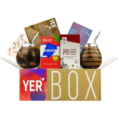 Abbildung von YERBOX Yerba Mate Tee Set: Taragui Traditional 250g + Fede Rico Potente 2x Becher Kürbis Kalebasse Bombilla Edelstahl Reinigungsbürste…