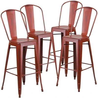 Abbildung von Flash Furniture Handelsübliche Qualität, 4 Stück, 76,2 cm hoch, Metall, für drinnen und draußen, Barhocker mit Rückenlehne, Kelly Red, Stück