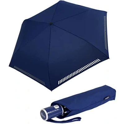Abbildung von iX brella Taschenregenschirm Kinderschirm mit Auf Zu Automatik, reflektierend, Sicherheit durch Reflex Streifen blau