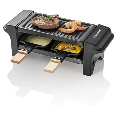 Abbildung von bestron Raclette Mini Tischgrill, 2 Raclettepfännchen, 350 W, für 1 bis Personen, mit zwei Holzschabern &amp; Untersetzern