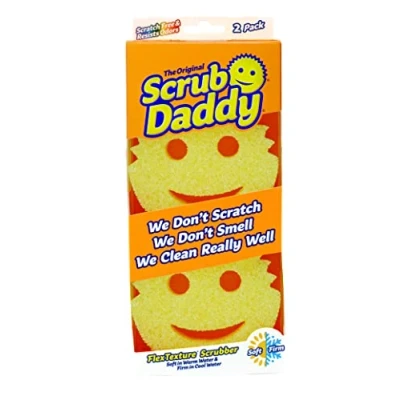 Abbildung von Scrub Daddy Original Spülschwamm, Reinigungsschwamm Smiley Form Putzschwamm mit Texturveränderung, kratzfreier Schwamm Küche, Scheuerschwamm, Schmutzradierer, spülmaschinenfest 2er Pack Gelb