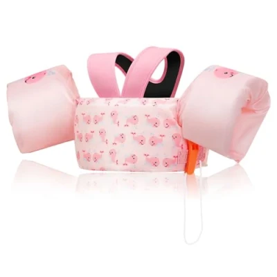 Abbildung von MoKo Kinder Schwimmflügel, Cartoon Schwimmjacke mit Y förmigem Design, Sicherheitsgurte &amp; Notfallpfeife Für Jungen Mädchen 9 22,6 KG, Rosa Whale