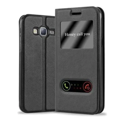 Abbildung von Cadorabo Hülle kompatibel mit Samsung Galaxy J3 2016 Sichtfenster aus Kunst Leder Flip Klappbare Magnetische [Standfunktion] [Kartenfächern] Cover für Tasche in Schwarz