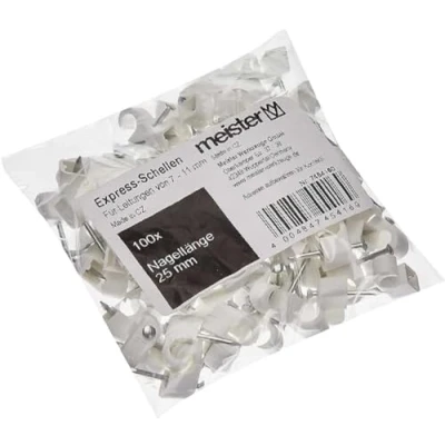 Abbildung von Meister Express Schelle 7 11 mm weiß 100 Stück im praktischen Set Zur Fixierung von Kabeln &amp; Leitungen Inkl. vormontiertem Nagel / Haftclips Kabelschellen Nagelschellen 7454160