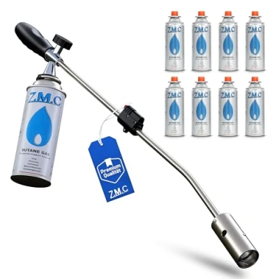 Abbildung von ZMC Unkrautvernichter 2,5 kW + 8 Gaskartuschen 227g, Unkrautbrenner mit Piezo Zündung, Abflammgerät einstellbarer Flammenleistung bis zu 1400 C, für den unkrautfreien Garten und Gehweg