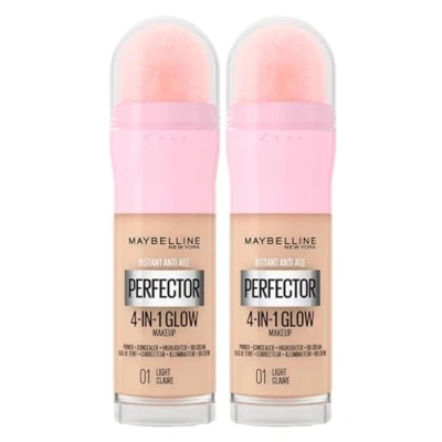 Abbildung von Maybelline New York Instant Age Perfector Glow 4 in 1 Concealer BB Cream Highlighter Primer Farbe 01 Light Claire mit Applikationsschwamm 2 Flaschen à 20 ml