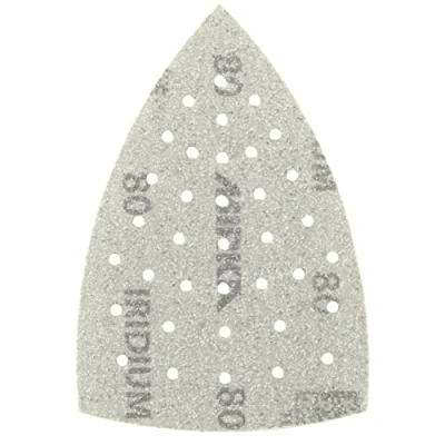 Abbildung von Mirka Iridium Schleifdreieck Premium Schleifpapier 100x152x152mm 36 Loch Klett Korn 80, 50 Stk / Zum Schleifen von Lack, Spachtel, Grundierung, Holz, Stahl, Mineralwerkstoffe, Kunststoff