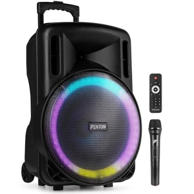 Abbildung von Fenton FT15LED MK2, Party Box Bluetooth 800W, Musikbox Groß mit 15&quot; Subwoofer, inkl. Mikrofon, LED Licht, Akku &amp; Netzbetrieb, AUX/Gitarren Eingang, USB Media Player, Stereo Pairing, Partybox