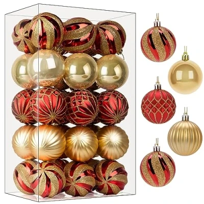Abbildung von Shareconn 30ct 2.36 Zoll Weihnachtskugeln Ornamente, bruchsichere für Weihnachtsbaum, farbige Dekoration Weihnachtsfeier, Baumschmuck Haken enthalten (Rot &amp; Gold, 60mm)