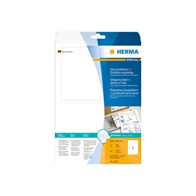 Abbildung von HERMA 8316 Versandetiketten mit Einlieferungsbeleg blickdicht, 25 Blatt, 182 x 130 mm, 1 pro A4 Bogen, Stück, selbstklebend, bedruckbar, matt, blanko Papier Adressetiketten Aufkleber, weiß