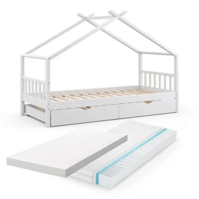 Abbildung von VitaliSpa® Hausbett Design, Weiß, 90x200 cm mit Gästebett und 2 Matratzen