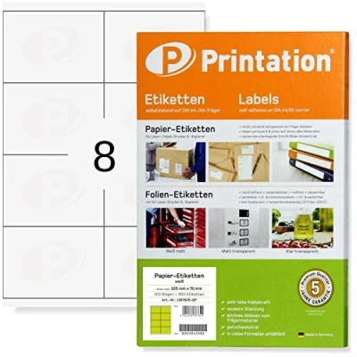 Abbildung von Printation Etiketten selbstklebend 105 x 70 mm 800 Adressetiketten bedruckbar weiß blanko 105x70 100 DIN A4 Bogen 2x4 / 8 pro Blatt Versandetiketten Klebeetiketten Aufkleber 3426 4426