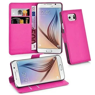 Abbildung von Cadorabo Hülle kompatibel mit Samsung Galaxy S6 Handyhülle aus Premium Kunst Leder Flip Klappbare Stoßfeste Magnetische [Standfunktion] [Kartenfächern] Cover für Tasche in Pink