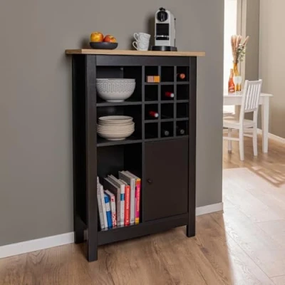 Abbildung von Inter Link Weinschrank Flaschenschrank Küchenschrank Buffetschrank für 12 Flaschen 3 offene Regale 1 Tür Helina Artisan Eiche Schwarz