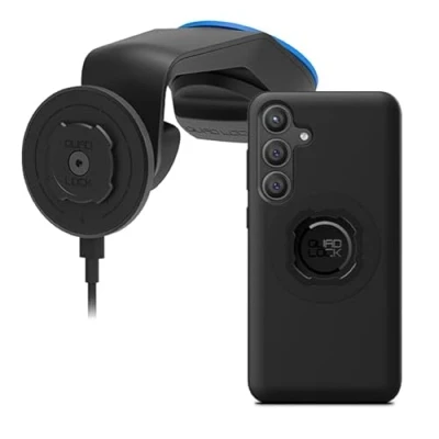 Abbildung von Quad Lock Windschutzscheibe /Armaturenbrett Saugnapfhalterung Handyhalterung Auto mit MAG Wireless Charging Head V2 und Galaxy S24 Plus Hülle
