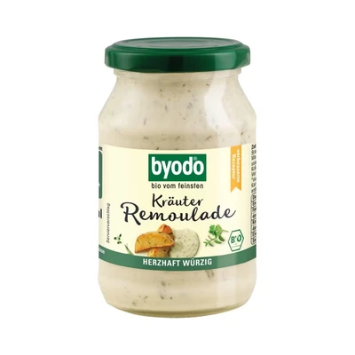 Abbildung von Bio Kräuter Remoulade von Byodo 250 ml, Vegan und Glutenfrei, Ideal für Sandwiches Salate, Reich an Kräutern, in wiederverwendbarer Glasflasche