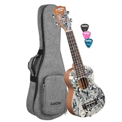 Abbildung von Cascha Sopran Ukulele Set Art Series I Starter Kit mit 3 farbigen Plektren &amp; Tasche Premium Mahagoni Kleine Hawaii Gitarre für Anfänger Fortgeschrittene