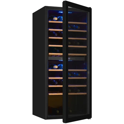 Abbildung von Exquisit Weinkühlschrank 2 Zonen, Platz für 114 Flaschen, 220 Liter, Umluftventilator, 9 Holzablagen, Digitale Temperaturanzeige, WS2 GTE 160G schwarz