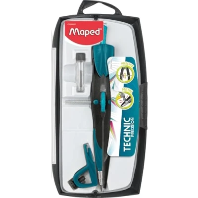 Abbildung von Maped Kompass zum technischen Zeichnen Präzisions Systembox mit 3 Teilen großem Schnurrbart Inklusive 1 Universalklemme und Bleietasche aus Metall, sortiertes Modell